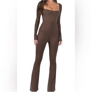 Princess Polly Chocolate Brown Ribbed Flare Jumpsuit US 4